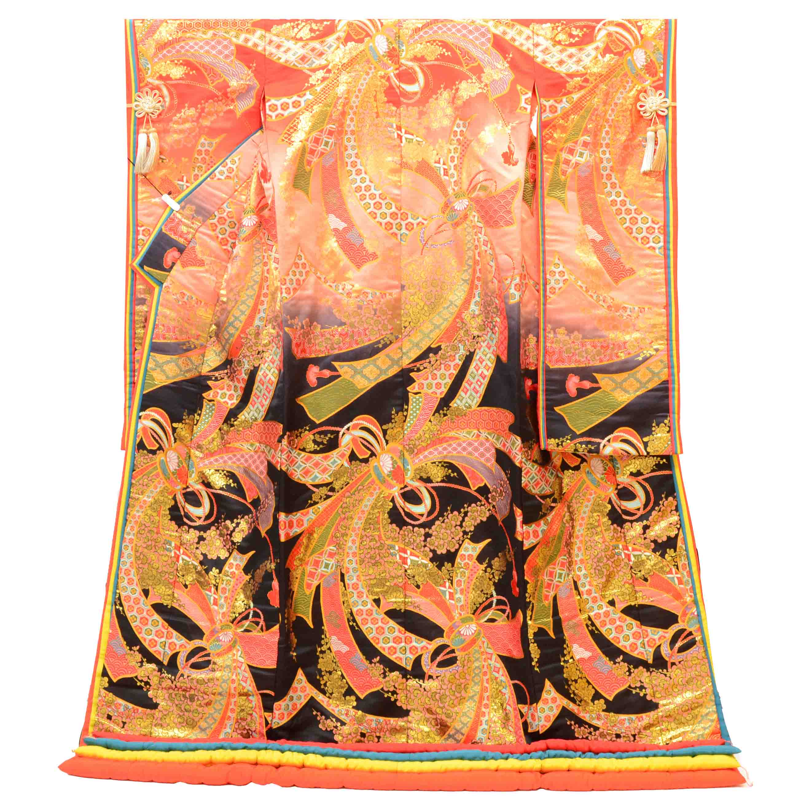 [Used] Recycled Kimono, Irouchikake (Wedding Kimono), Pure Silk, Sleeve Length 66.5cm (26.2in), Body Length 190.0cm (74.8in), Size L, Orange, Bundled Noshi Pattern, Lined, Tang Weave, Gold Thread, Twelve-Layer Kimono Style, uu1305b 
