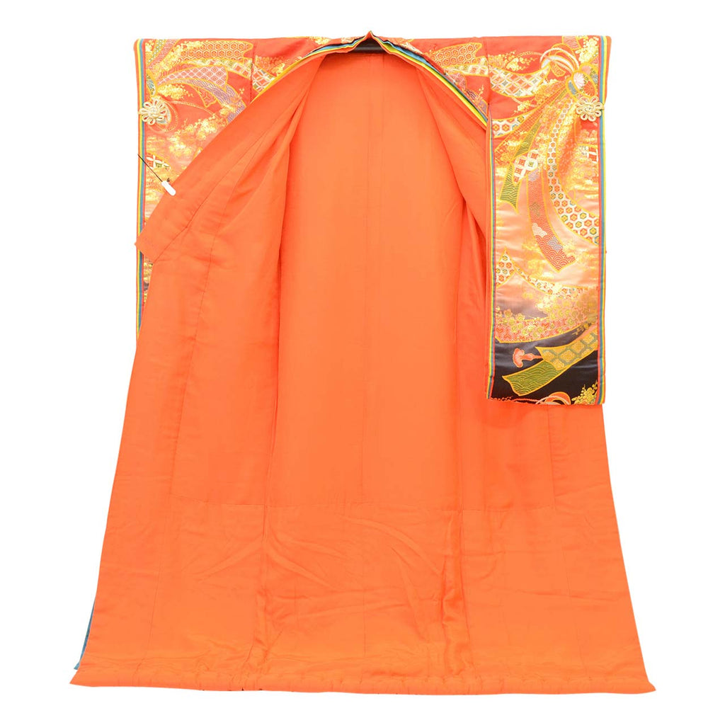 [Used] Recycled Kimono, Irouchikake (Wedding Kimono), Pure Silk, Sleeve Length 66.5cm (26.2in), Body Length 190.0cm (74.8in), Size L, Orange, Bundled Noshi Pattern, Lined, Tang Weave, Gold Thread, Twelve-Layer Kimono Style, uu1305b 