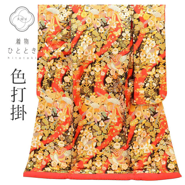 【中古】 リサイクル着物 色打掛 花嫁衣装 正絹 裄65.5cm 身丈193cm L 赤色系 鳳凰文様 唐織 金糸 uu1307b