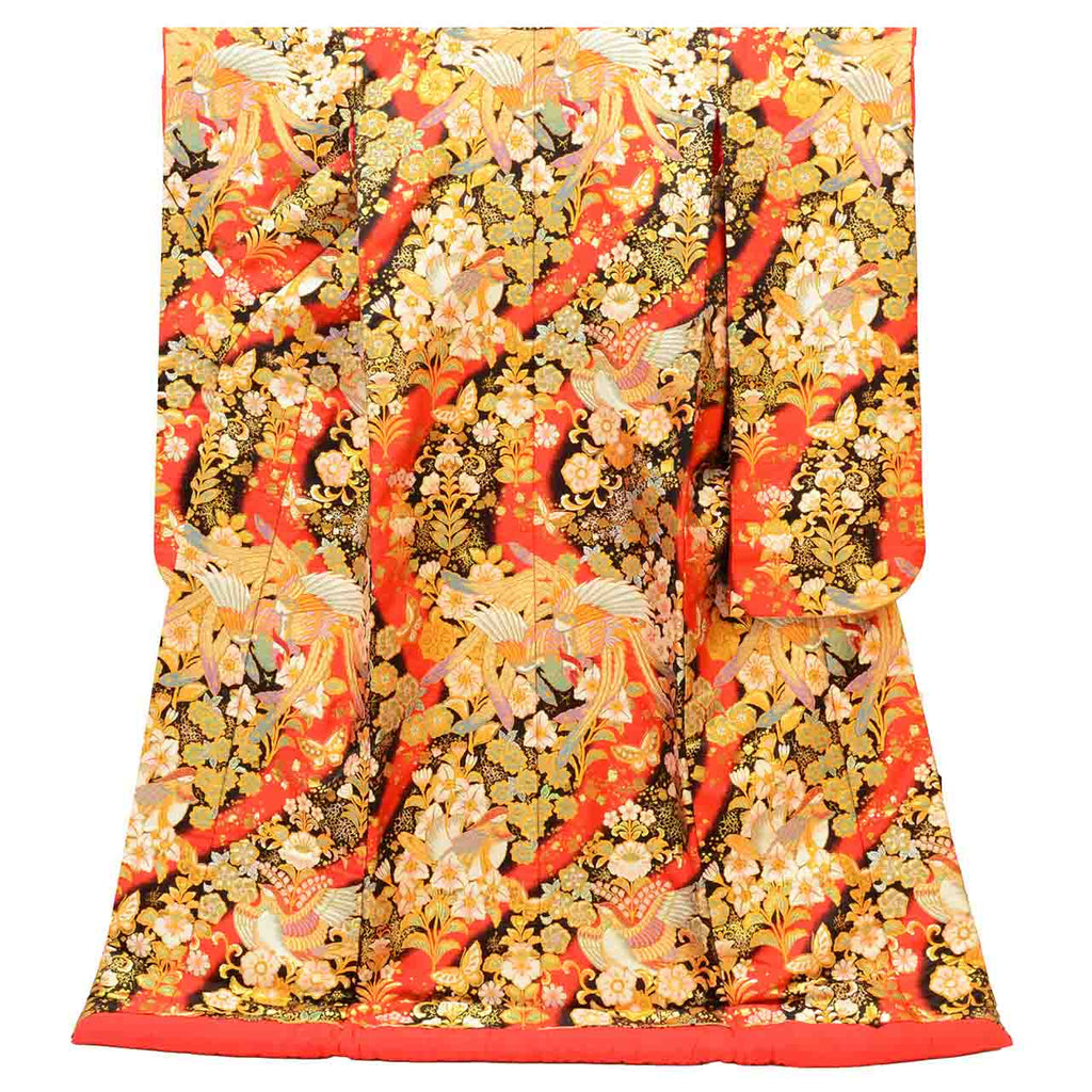 [Used] Recycled Kimono, Irouchikake (Wedding Kimono), Bridal Attire, Pure Silk, Sleeve Length 65.5cm (25.8in), Body Length 193.0cm (76.0in), Size L, Red, Phoenix Pattern, Tang Weave, Gold Thread, uu1307b 