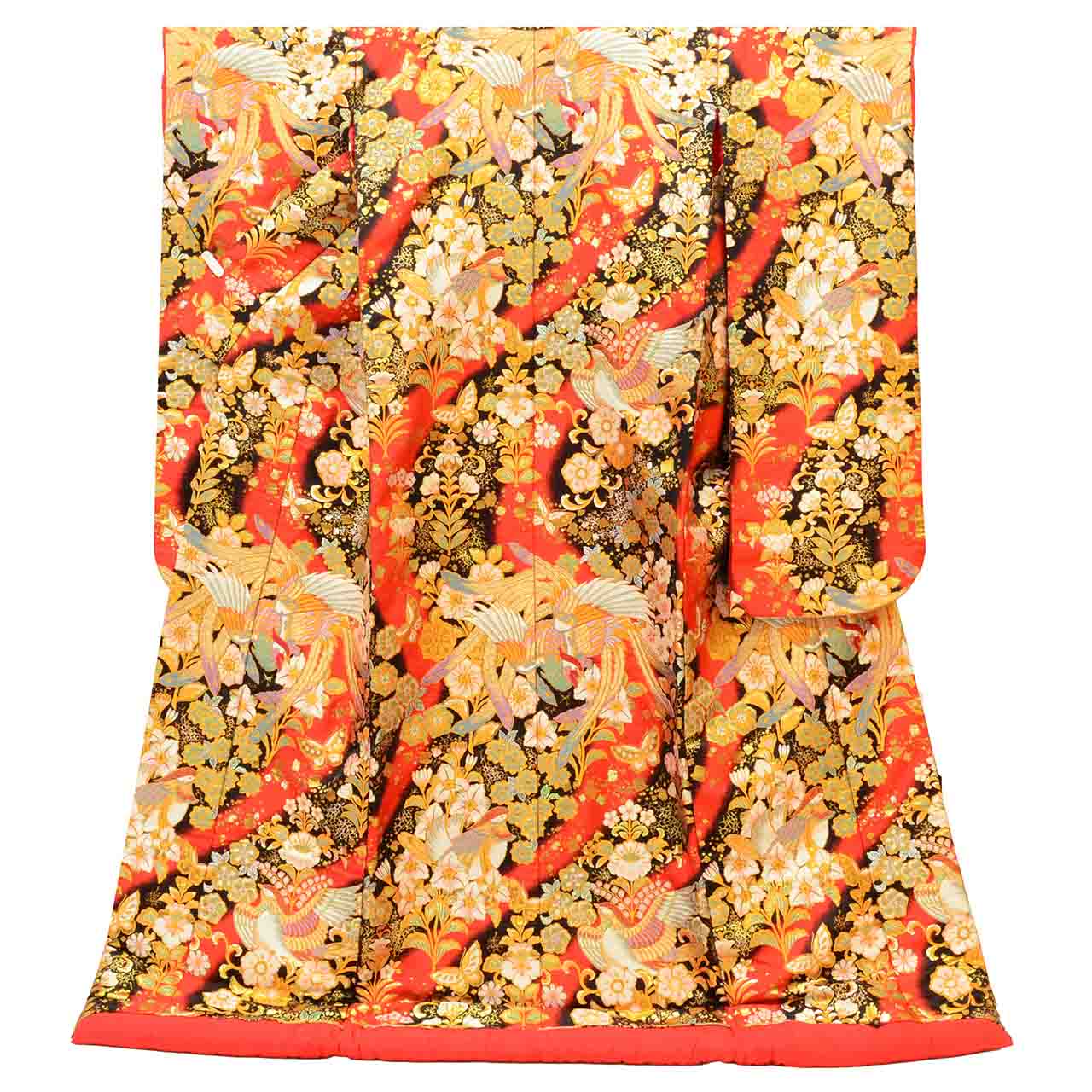 [Used] Recycled Kimono, Irouchikake (Wedding Kimono), Bridal Attire, Pure Silk, Sleeve Length 65.5cm (25.8in), Body Length 193.0cm (76.0in), Size L, Red, Phoenix Pattern, Tang Weave, Gold Thread, uu1307b 