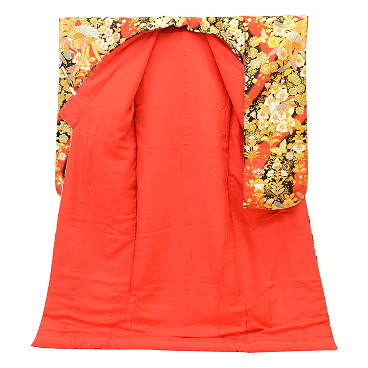 [Used] Recycled Kimono, Irouchikake (Wedding Kimono), Bridal Attire, Pure Silk, Sleeve Length 65.5cm (25.8in), Body Length 193.0cm (76.0in), Size L, Red, Phoenix Pattern, Tang Weave, Gold Thread, uu1307b 