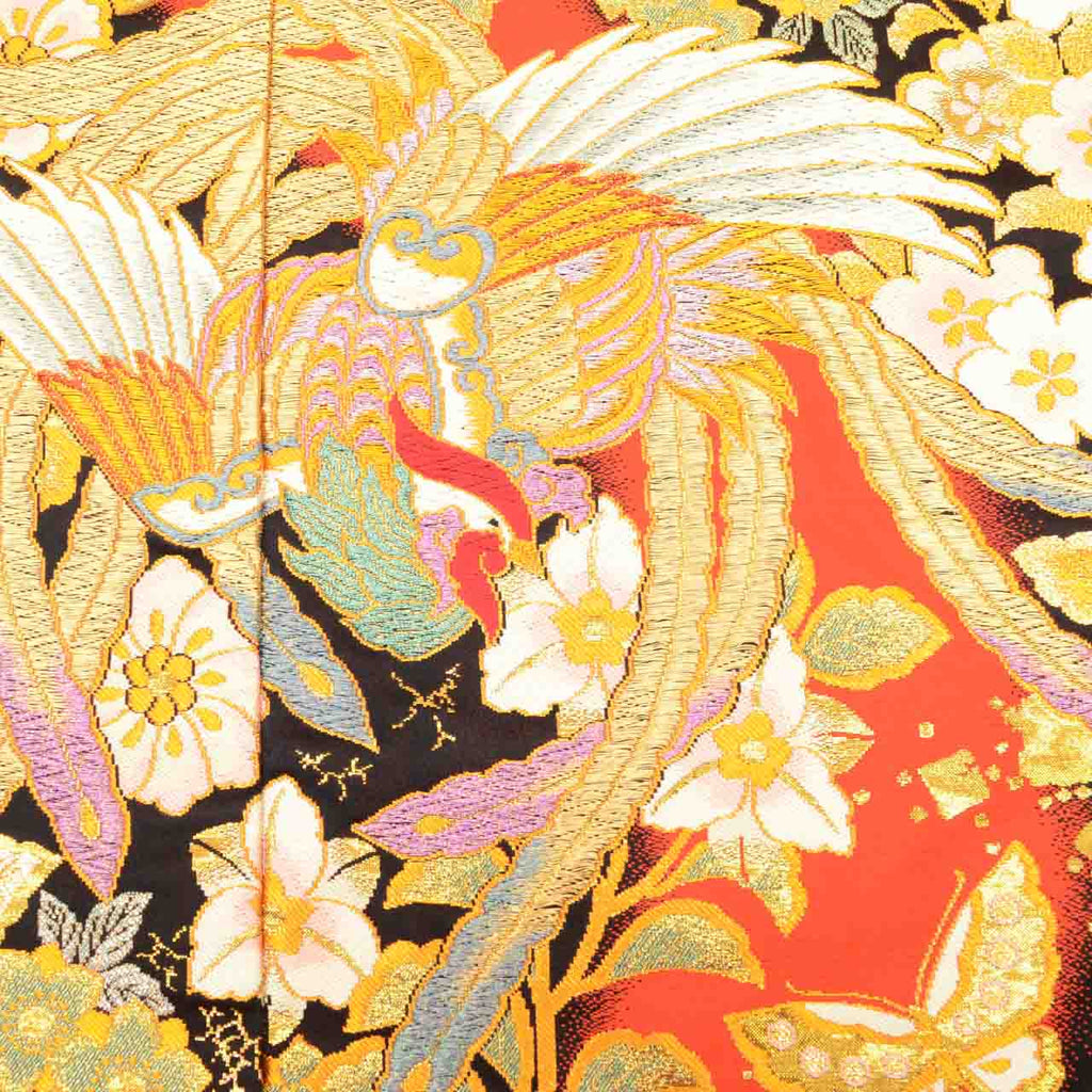 [Used] Recycled Kimono, Irouchikake (Wedding Kimono), Bridal Attire, Pure Silk, Sleeve Length 65.5cm (25.8in), Body Length 193.0cm (76.0in), Size L, Red, Phoenix Pattern, Tang Weave, Gold Thread, uu1307b 