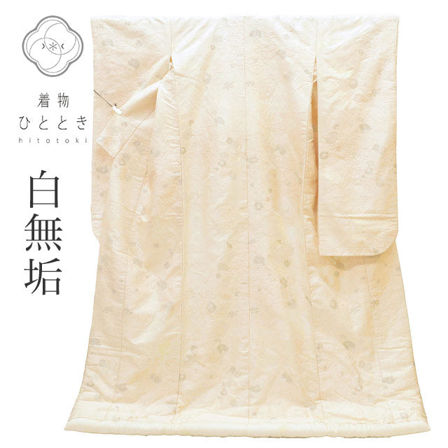 【中古】 リサイクル着物 白無垢 花嫁衣装 正絹 裄66.5cm 身丈190cm L 白色系 花文様 唐織 銀糸 uu1308b