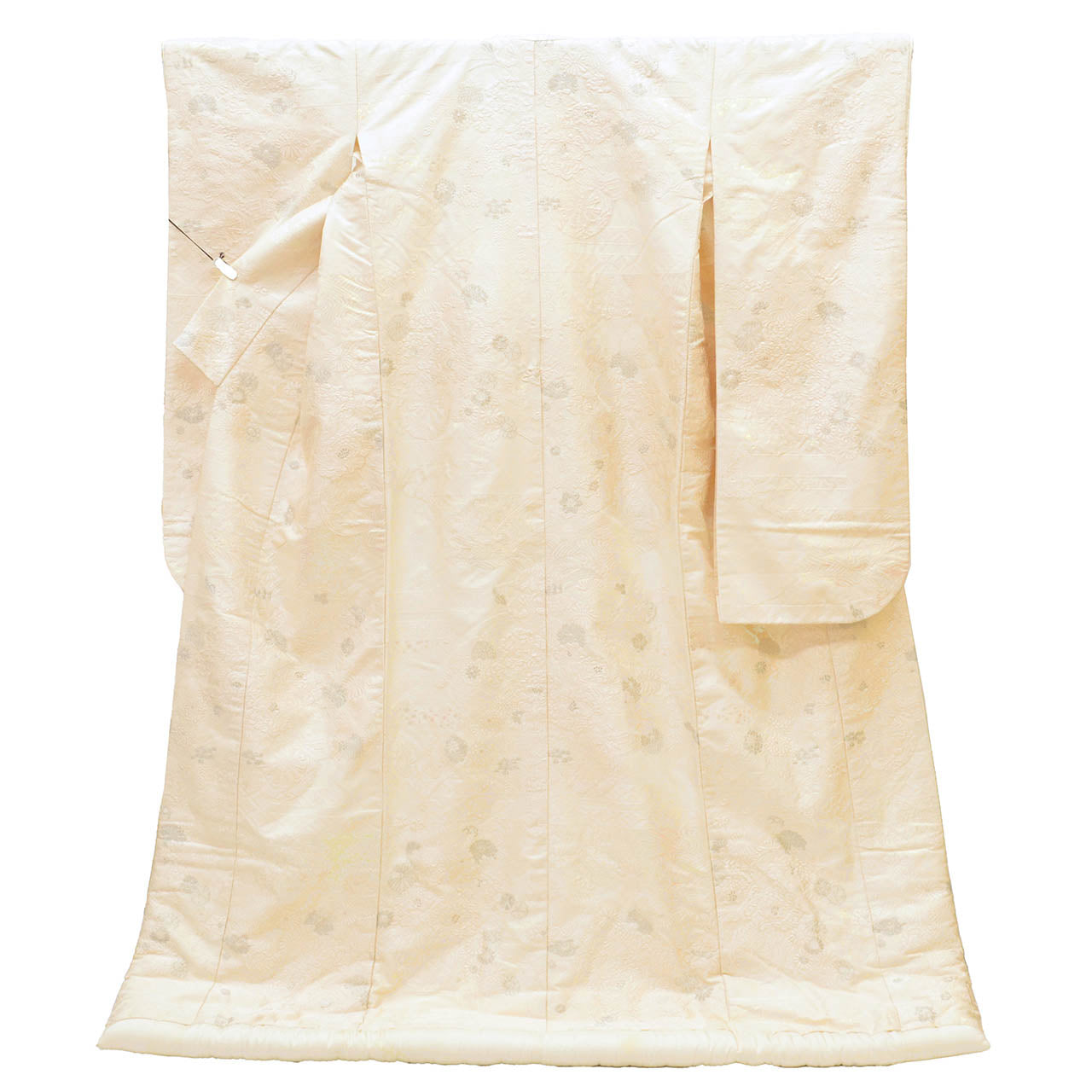 Vintage Japanese Kimono | Shiromuku | Cream Silk | Floral E-kasuri Silver Thread | Kara-ori | Size L | Sustainable | uu1308b