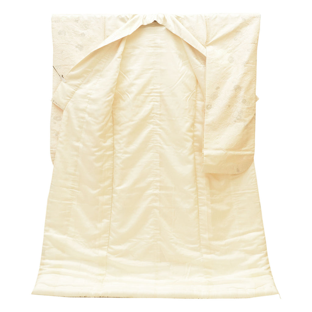 Vintage Japanese Kimono | Shiromuku | Cream Silk | Floral E-kasuri Silver Thread | Kara-ori | Size L | Sustainable | uu1308b