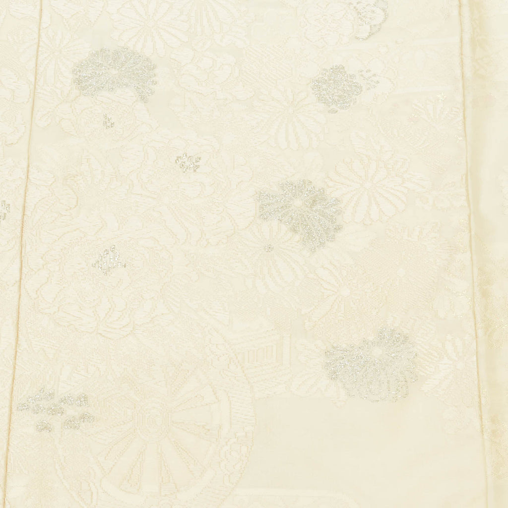 Vintage Japanese Kimono | Shiromuku | Cream Silk | Floral E-kasuri Silver Thread | Kara-ori | Size L | Sustainable | uu1308b