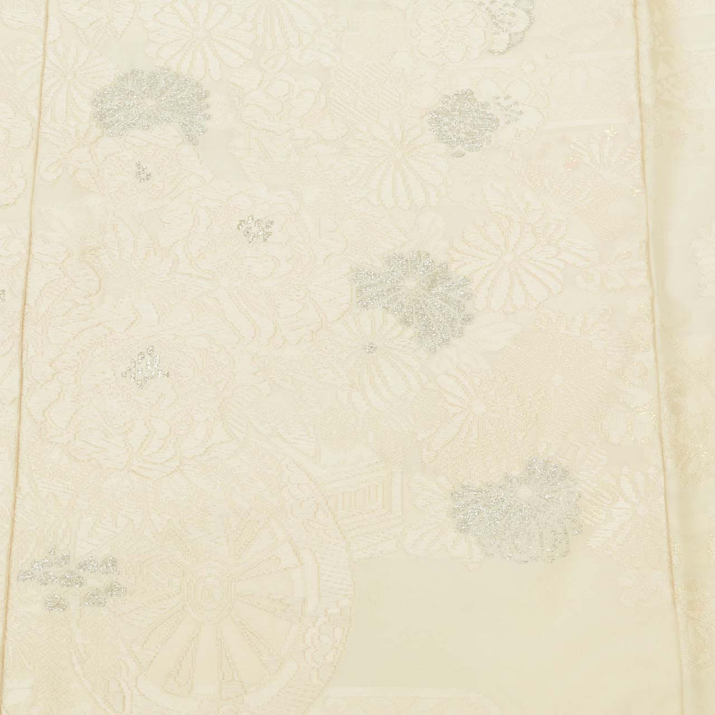 Vintage Japanese Kimono | Shiromuku | Cream Silk | Floral E-kasuri Silver Thread | Kara-ori | Size L | Sustainable | uu1308b