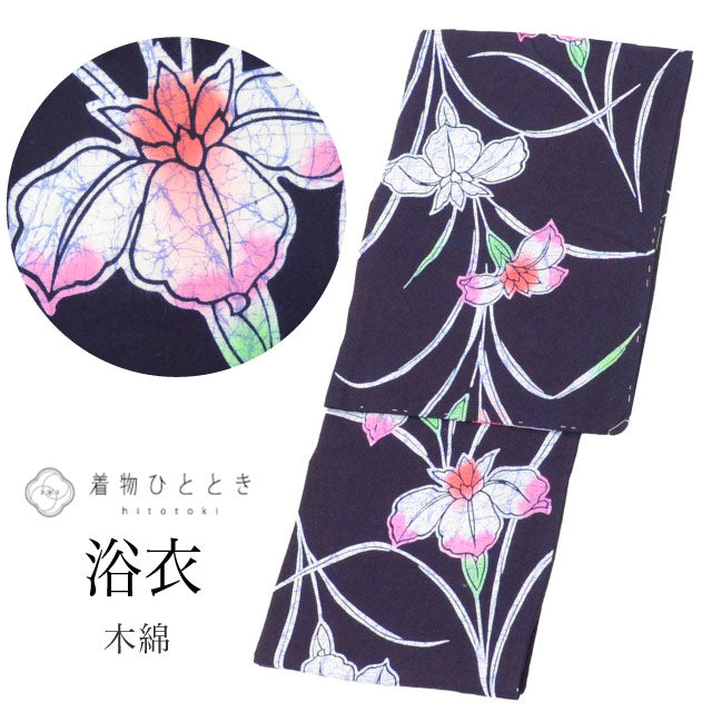 【中古】 浴衣 単品 木綿 リサイクル浴衣 レディース 裄64cm 身丈153cm S 紺色系 菖蒲文様 コーマ地 注染染め uu1320b
