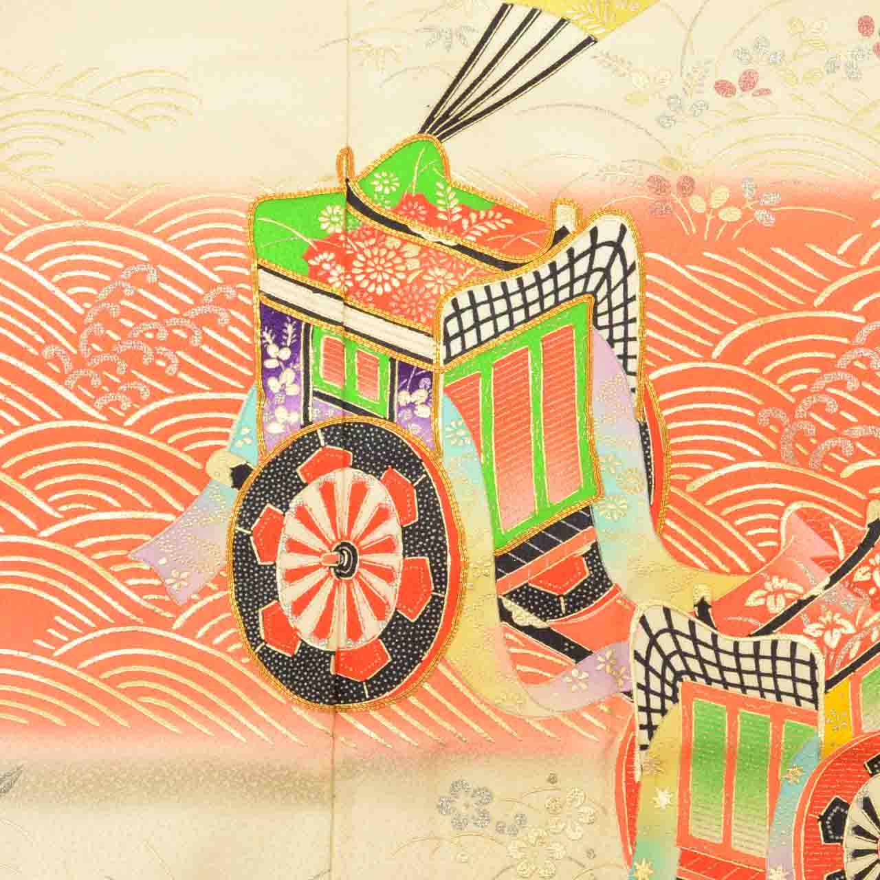 [Used] Recycled Kimono for Girls, Shichi-Go-San (7 years old), 2-piece set: Kimono and Nagajuban (undergarment), Pure Silk, Ready-made, Sleeve length 57.5cm, Body length 146cm, Pink, Imperial carriage pattern, Gold embroidery, Gold leaf, uu1344b 