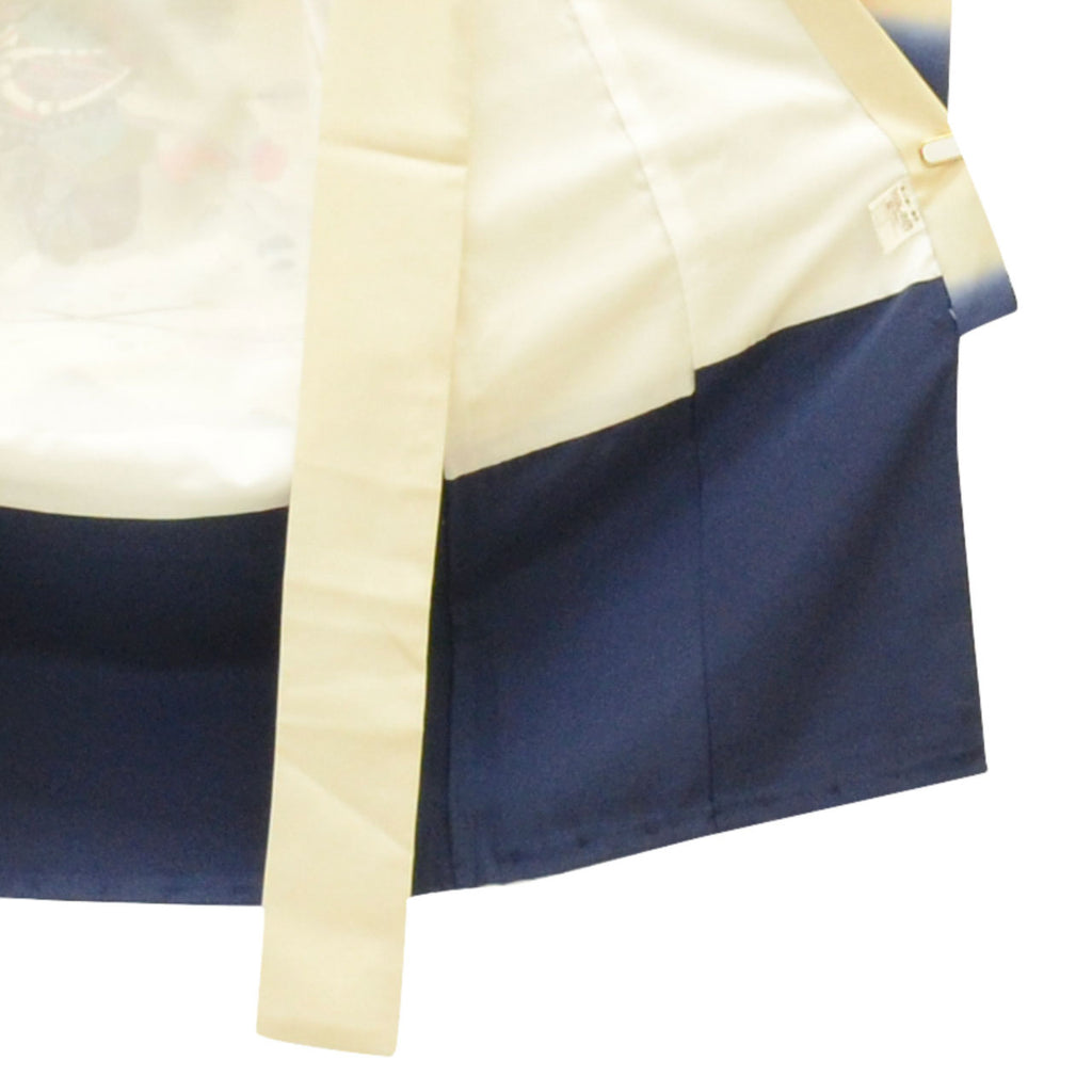 [Used] Recycled Kimono for Baby Boy's First Shrine Visit, One-Piece Set, Pure Silk, Ready-Made, Sleeve Length 48.5cm, Body Length 101cm, Navy Blue, Mounted Warrior Pattern, Includes Undergarment, Family Crest, Baby's First Kimono uu1348b 