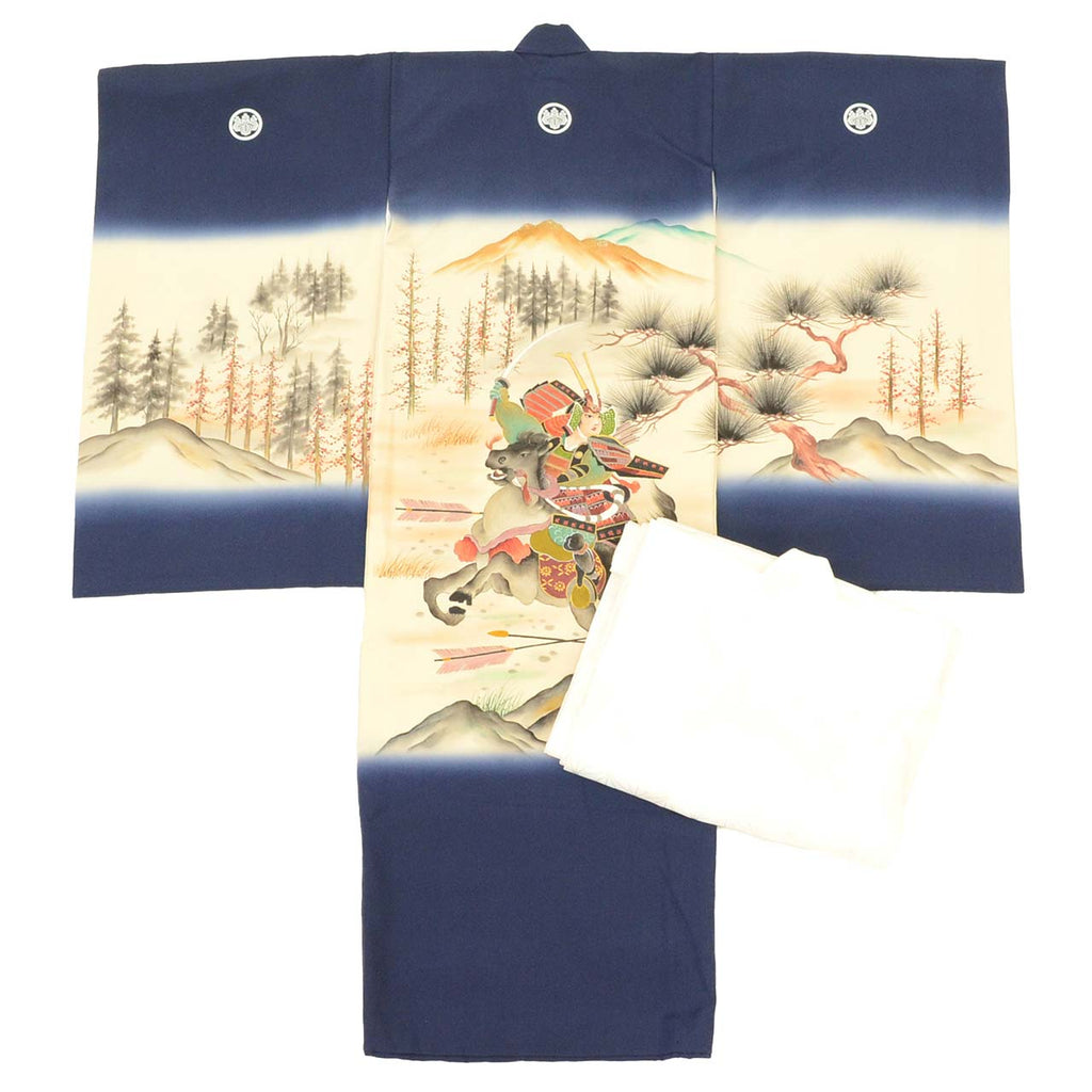 [Used] Recycled Kimono for Baby Boy's First Shrine Visit, One-Piece Set, Pure Silk, Ready-Made, Sleeve Length 48.5cm, Body Length 101cm, Navy Blue, Mounted Warrior Pattern, Includes Undergarment, Family Crest, Baby's First Kimono uu1348b 