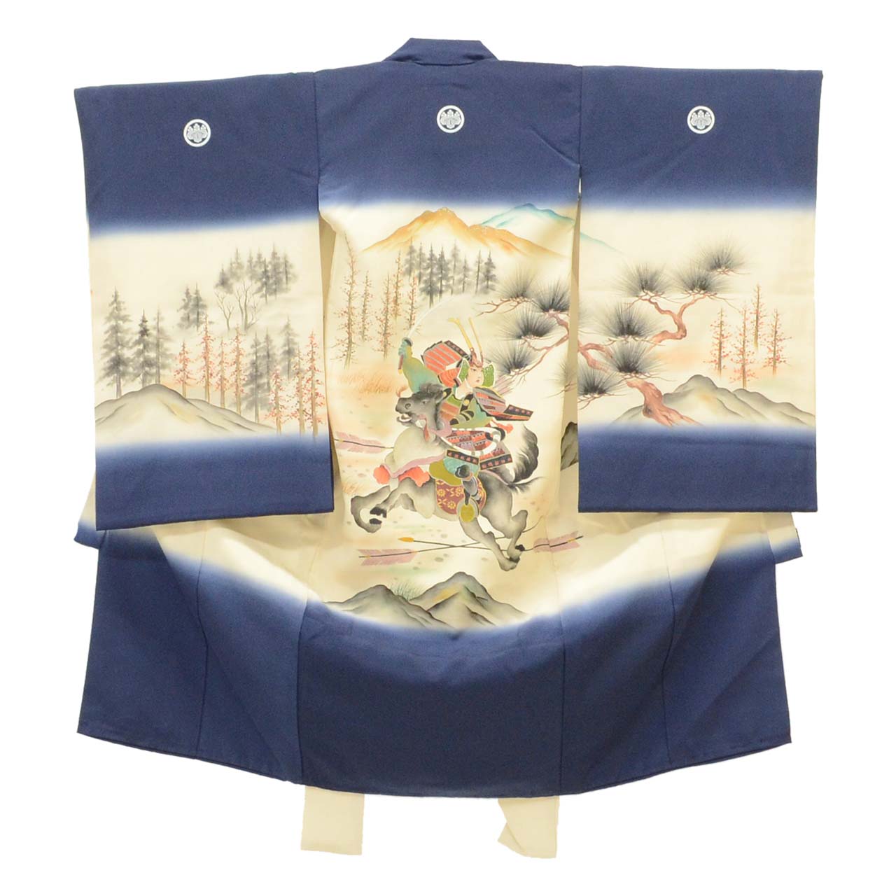 [Used] Recycled Kimono for Baby Boy's First Shrine Visit, One-Piece Set, Pure Silk, Ready-Made, Sleeve Length 48.5cm, Body Length 101cm, Navy Blue, Mounted Warrior Pattern, Includes Undergarment, Family Crest, Baby's First Kimono uu1348b 