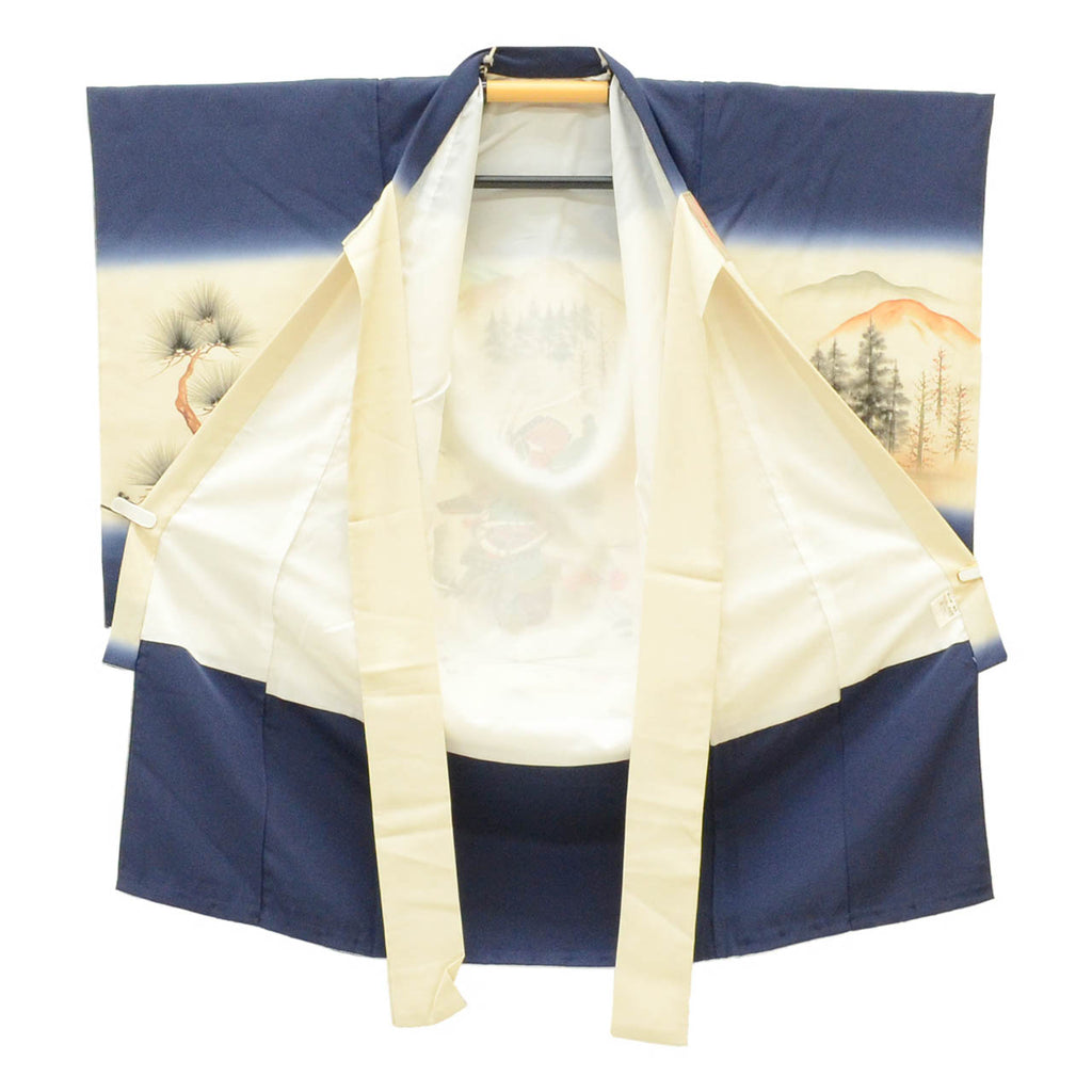 [Used] Recycled Kimono for Baby Boy's First Shrine Visit, One-Piece Set, Pure Silk, Ready-Made, Sleeve Length 48.5cm, Body Length 101cm, Navy Blue, Mounted Warrior Pattern, Includes Undergarment, Family Crest, Baby's First Kimono uu1348b 