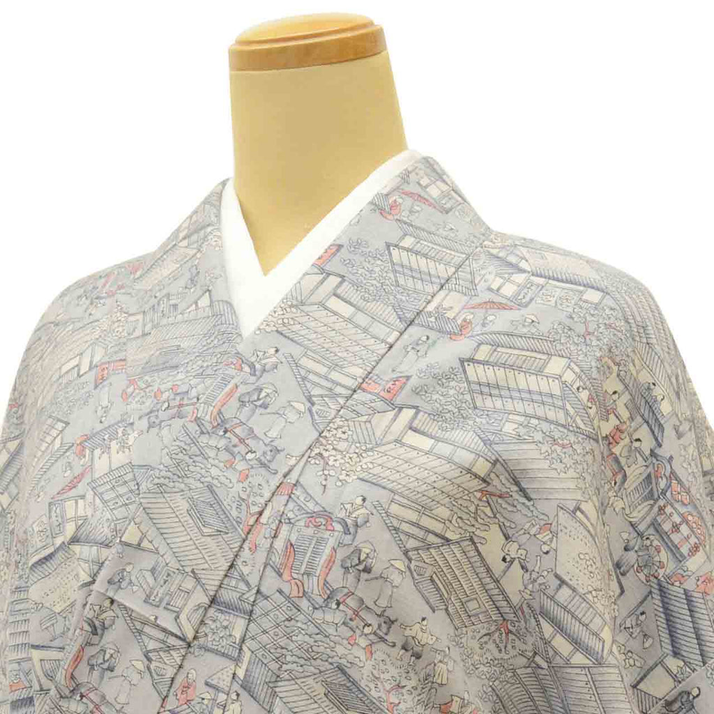 Vintage Japanese Kimono | Tsumugi | Gray Silk | Landscape Pattern | Size M | Sustainable | uu1363b