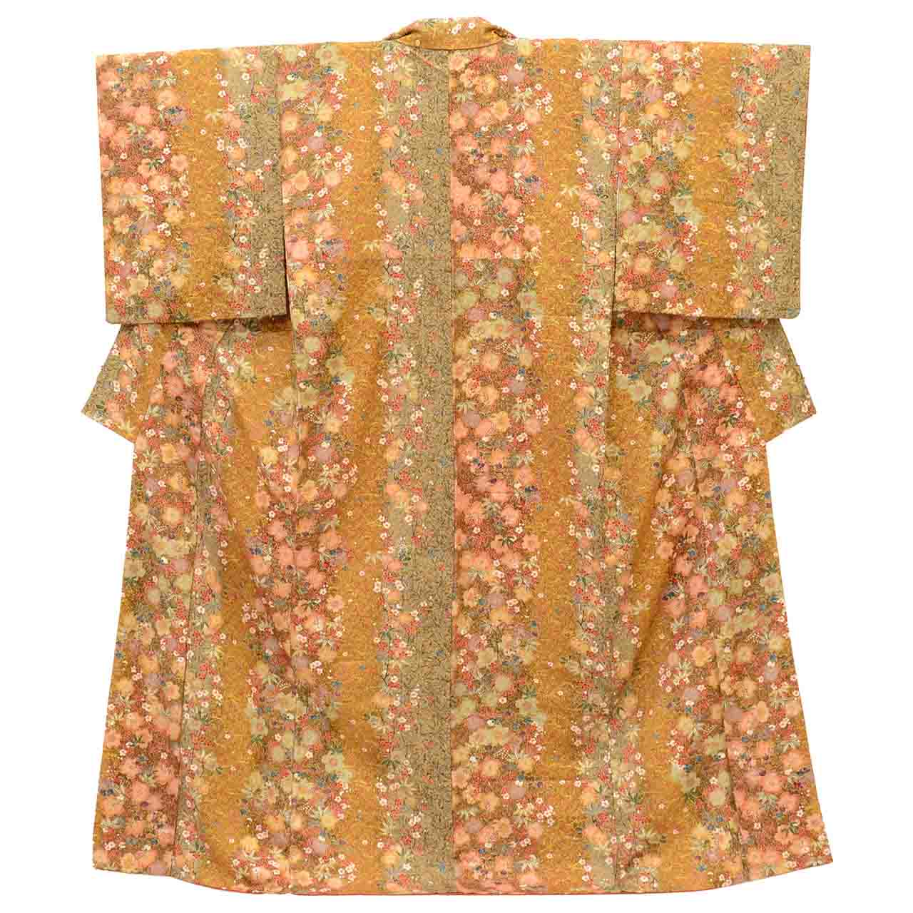 [Used] Recycled Kimono, Komon style, Pure Silk, Size M, Good Condition, Length 159.5cm (62.8in), Sleeve Length 65.0cm (25.6in), Lined, Ready-made, Brown, Four Seasons Flowers, Gold Embellishment, uu1364b 