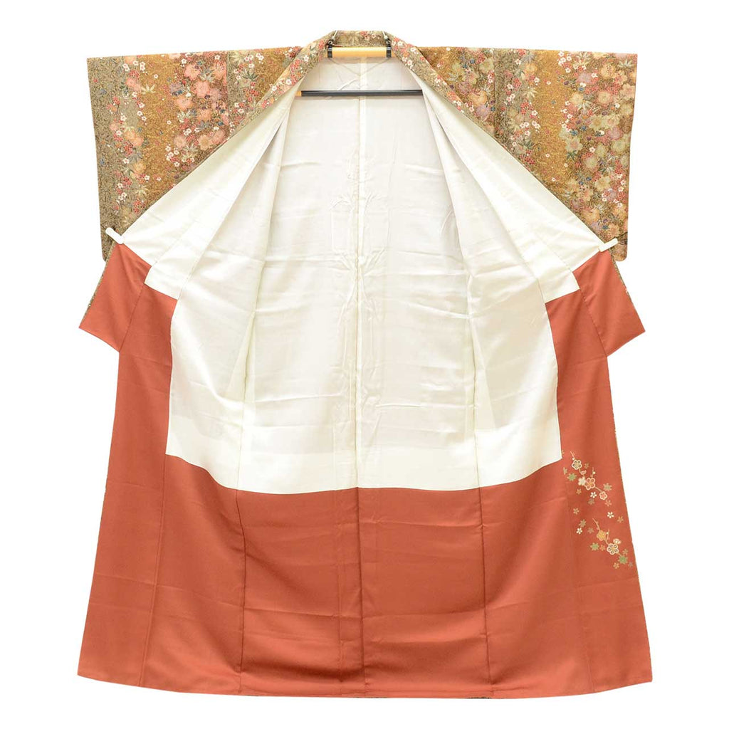 [Used] Recycled Kimono, Komon style, Pure Silk, Size M, Good Condition, Length 159.5cm (62.8in), Sleeve Length 65.0cm (25.6in), Lined, Ready-made, Brown, Four Seasons Flowers, Gold Embellishment, uu1364b 