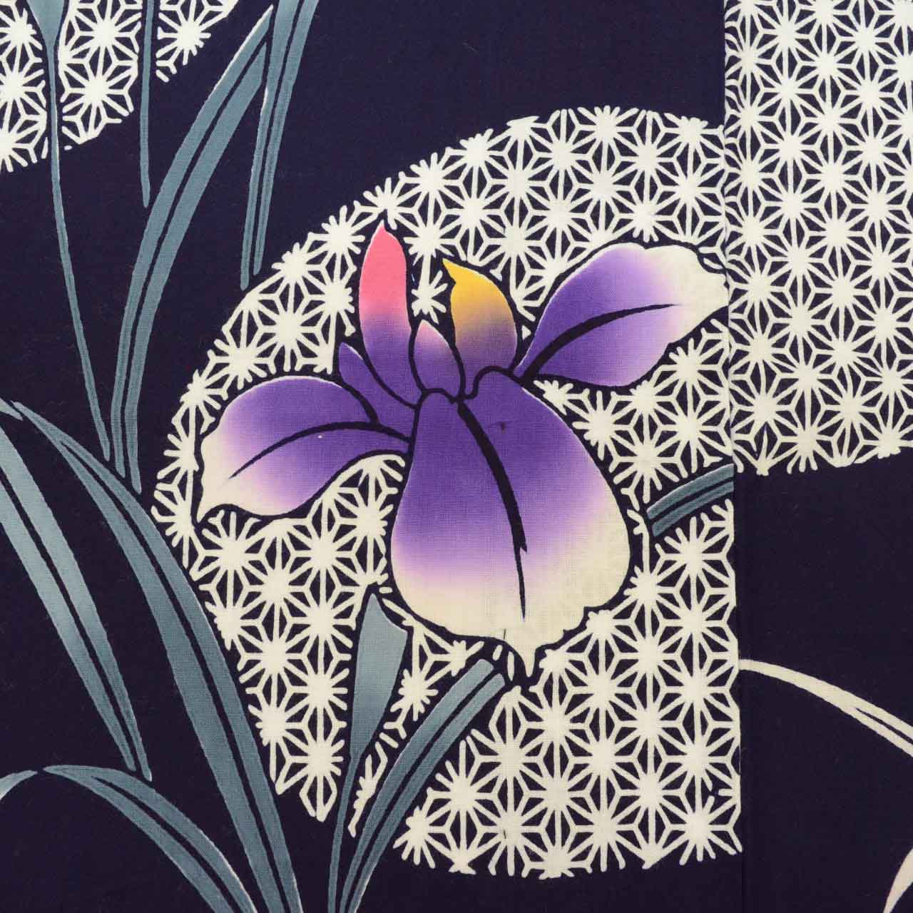 Vintage Japanese Yukata | Women's Yukata | Navy Cotton | Iris Pattern | Koma-ji Chuzome | Petite Size S | Sustainable | uu1365b