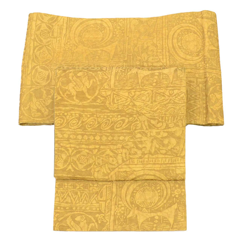 Vintage Japanese Obi | Sha-re Fukuro Obi | Yellow Brown Silk | Ancient Pattern | Fukure-ori | Reversible | Excellent | Sustainable | uu1383b