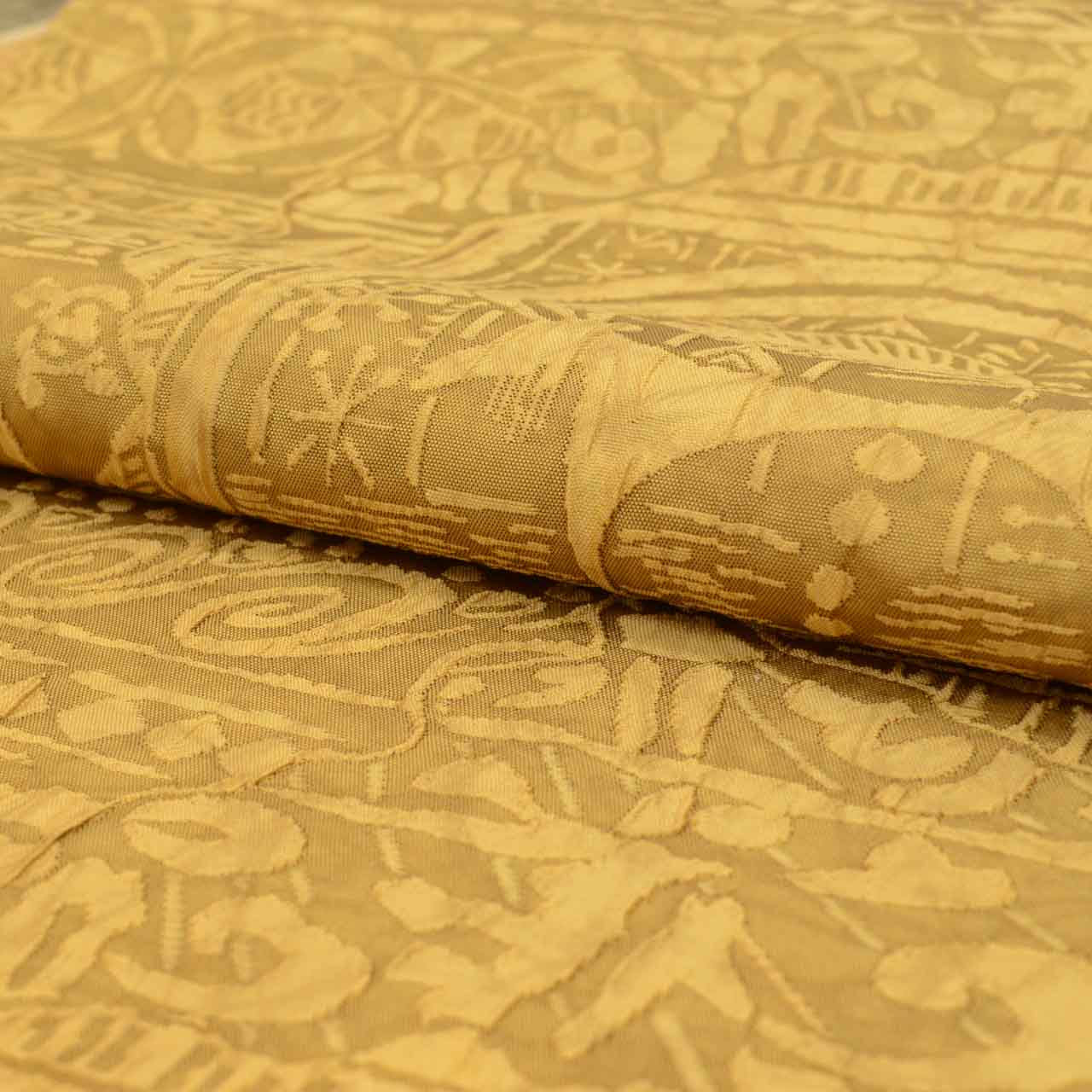 Vintage Japanese Obi | Sha-re Fukuro Obi | Yellow Brown Silk | Ancient Pattern | Fukure-ori | Reversible | Excellent | Sustainable | uu1383b