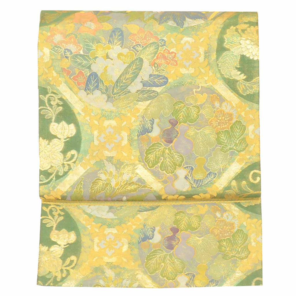 Vintage Japanese Obi | Fukuro Obi | Green Gold Silk | Diamond Botanical | Hikihaku Gold Thread | Furisode | Sustainable | uu1391b