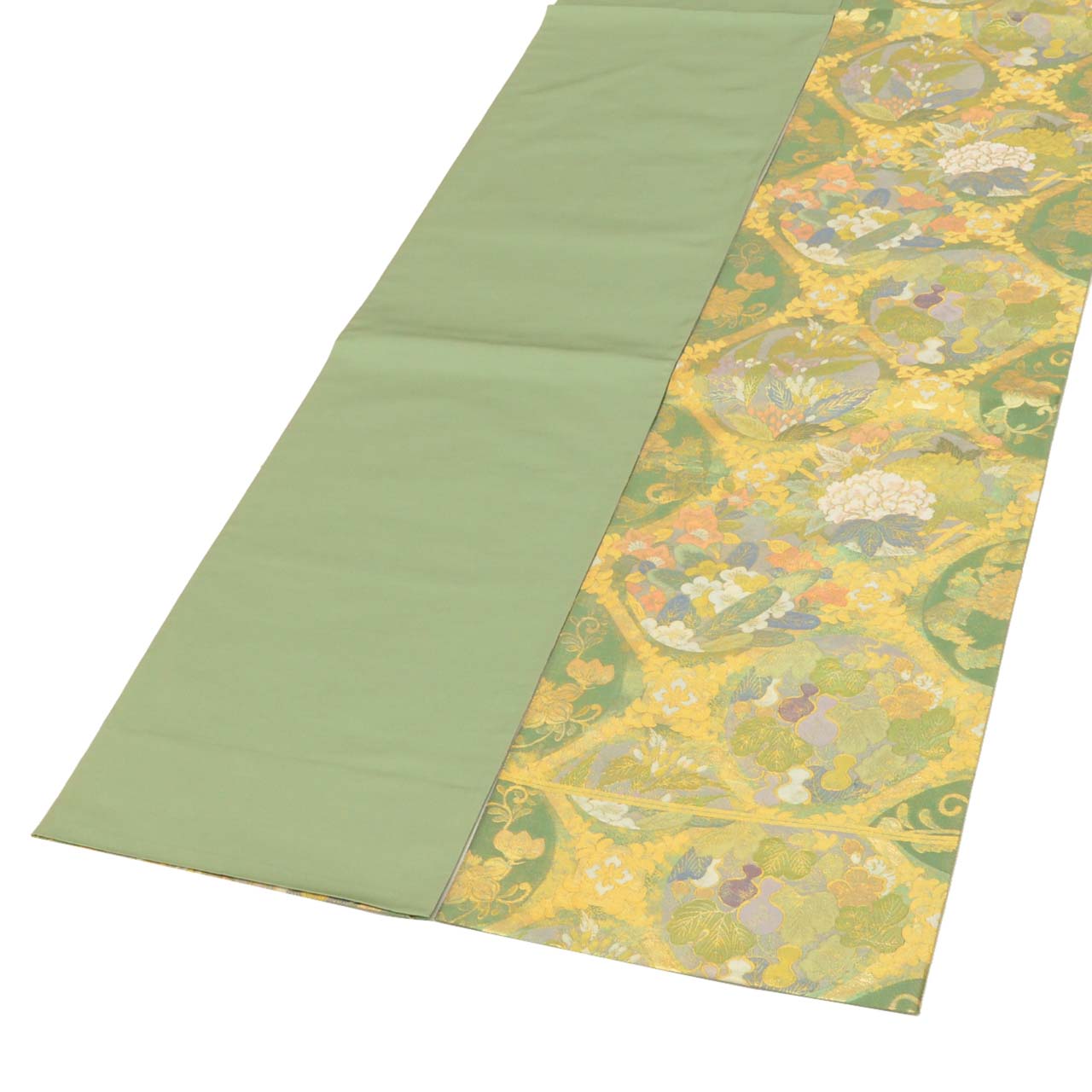 Vintage Japanese Obi | Fukuro Obi | Green Gold Silk | Diamond Botanical | Hikihaku Gold Thread | Furisode | Sustainable | uu1391b