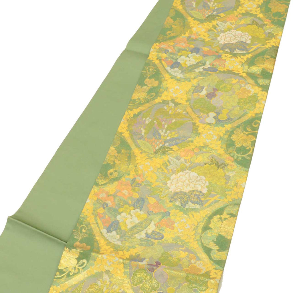 Vintage Japanese Obi | Fukuro Obi | Green Gold Silk | Diamond Botanical | Hikihaku Gold Thread | Furisode | Sustainable | uu1391b