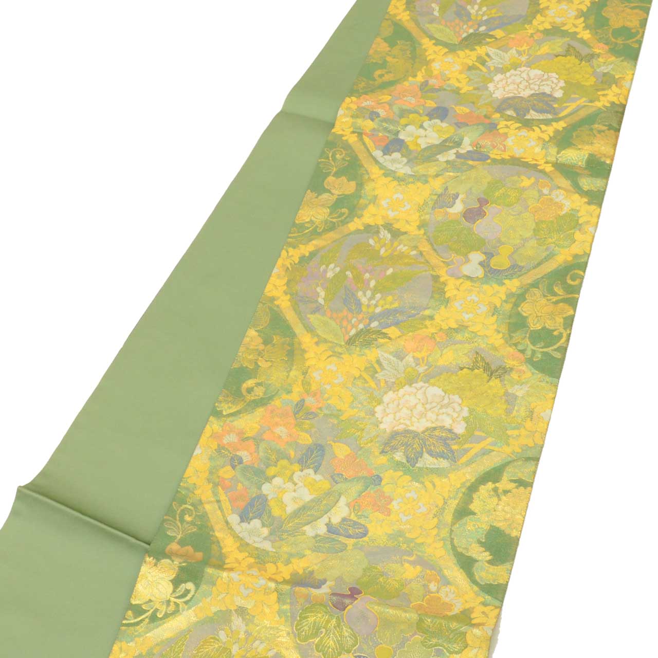 Vintage Japanese Obi | Fukuro Obi | Green Gold Silk | Diamond Botanical | Hikihaku Gold Thread | Furisode | Sustainable | uu1391b