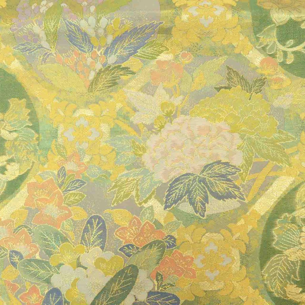 Vintage Japanese Obi | Fukuro Obi | Green Gold Silk | Diamond Botanical | Hikihaku Gold Thread | Furisode | Sustainable | uu1391b