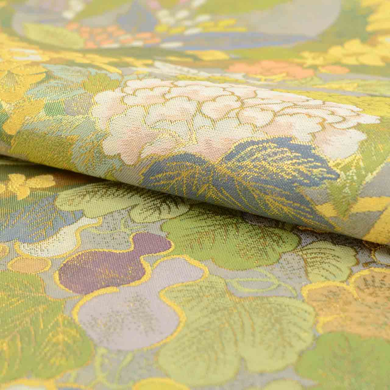 Vintage Japanese Obi | Fukuro Obi | Green Gold Silk | Diamond Botanical | Hikihaku Gold Thread | Furisode | Sustainable | uu1391b