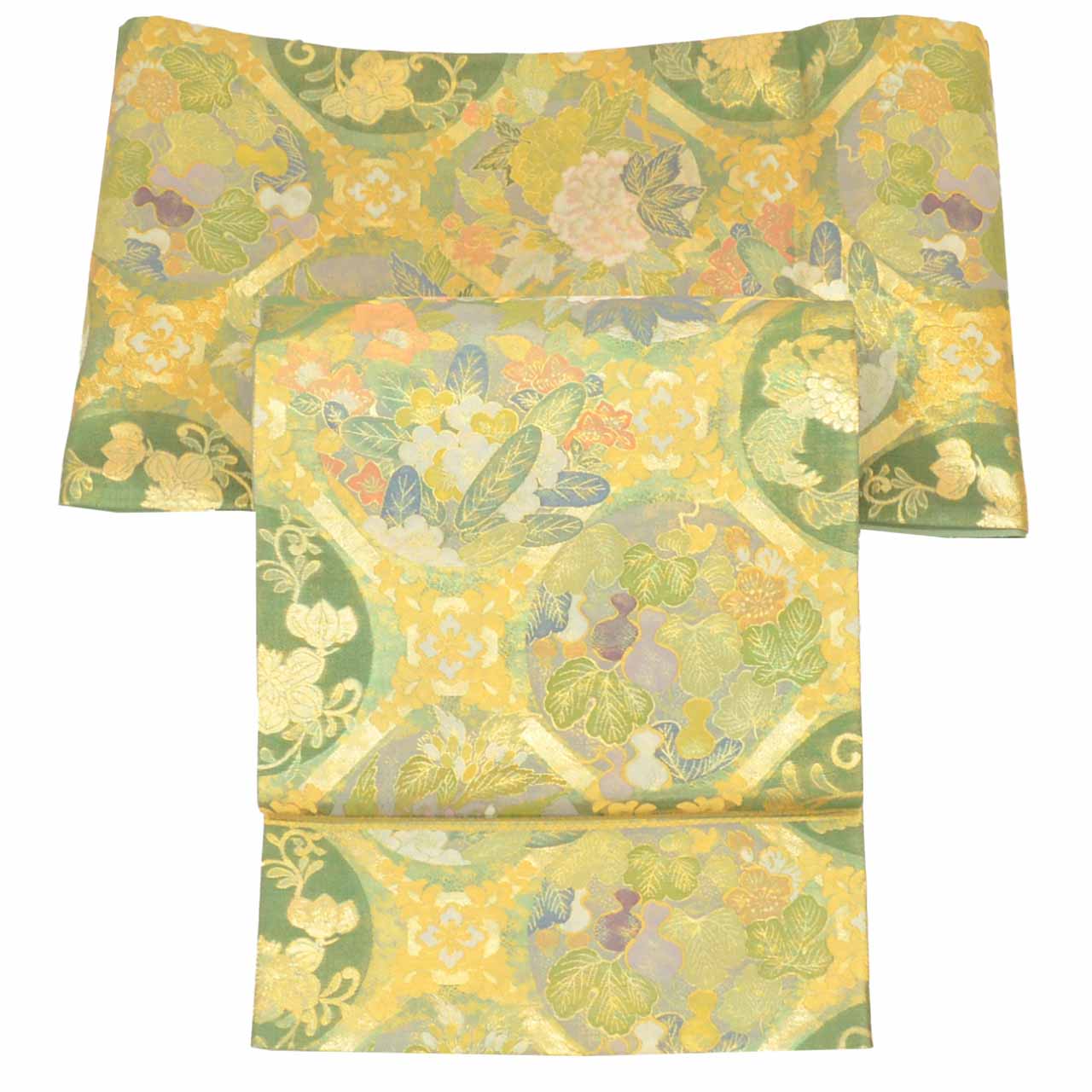 Vintage Japanese Obi | Fukuro Obi | Green Gold Silk | Diamond Botanical | Hikihaku Gold Thread | Furisode | Sustainable | uu1391b