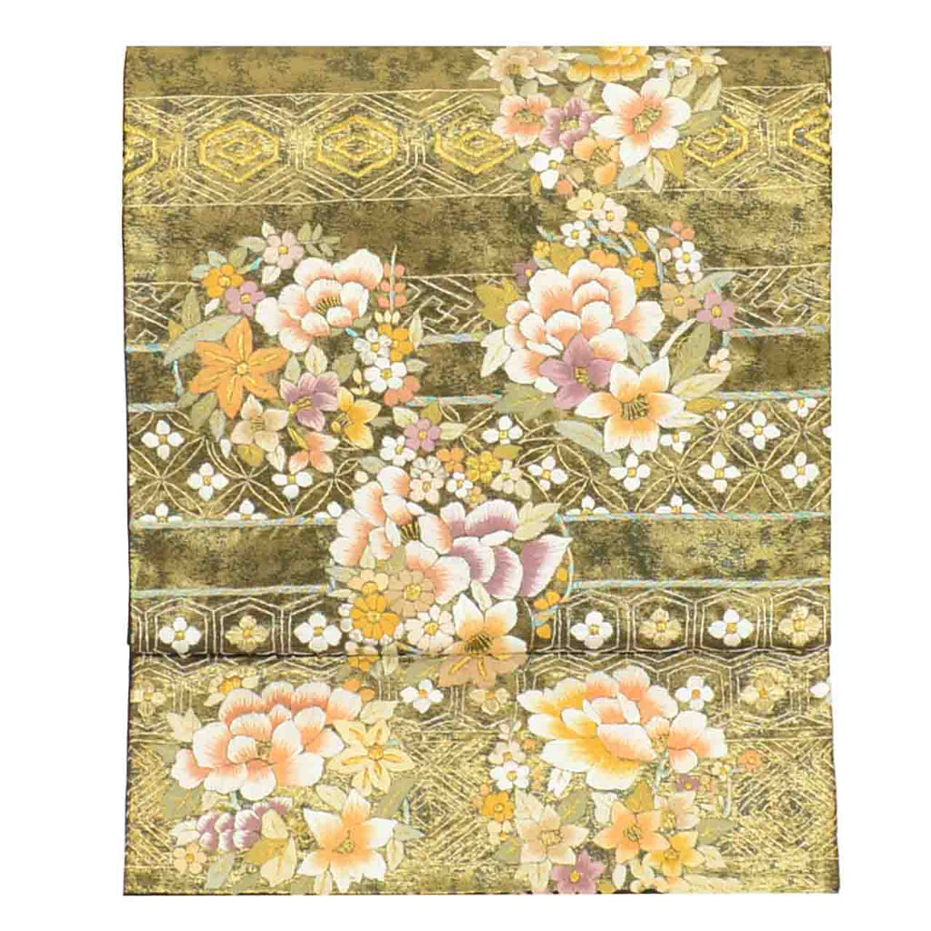 Vintage Japanese Obi | Fukuro Obi | Black Gold Silk | Flower Circle Pattern | Hikihaku Embroidery Gold Thread | Sustainable | uu1396b