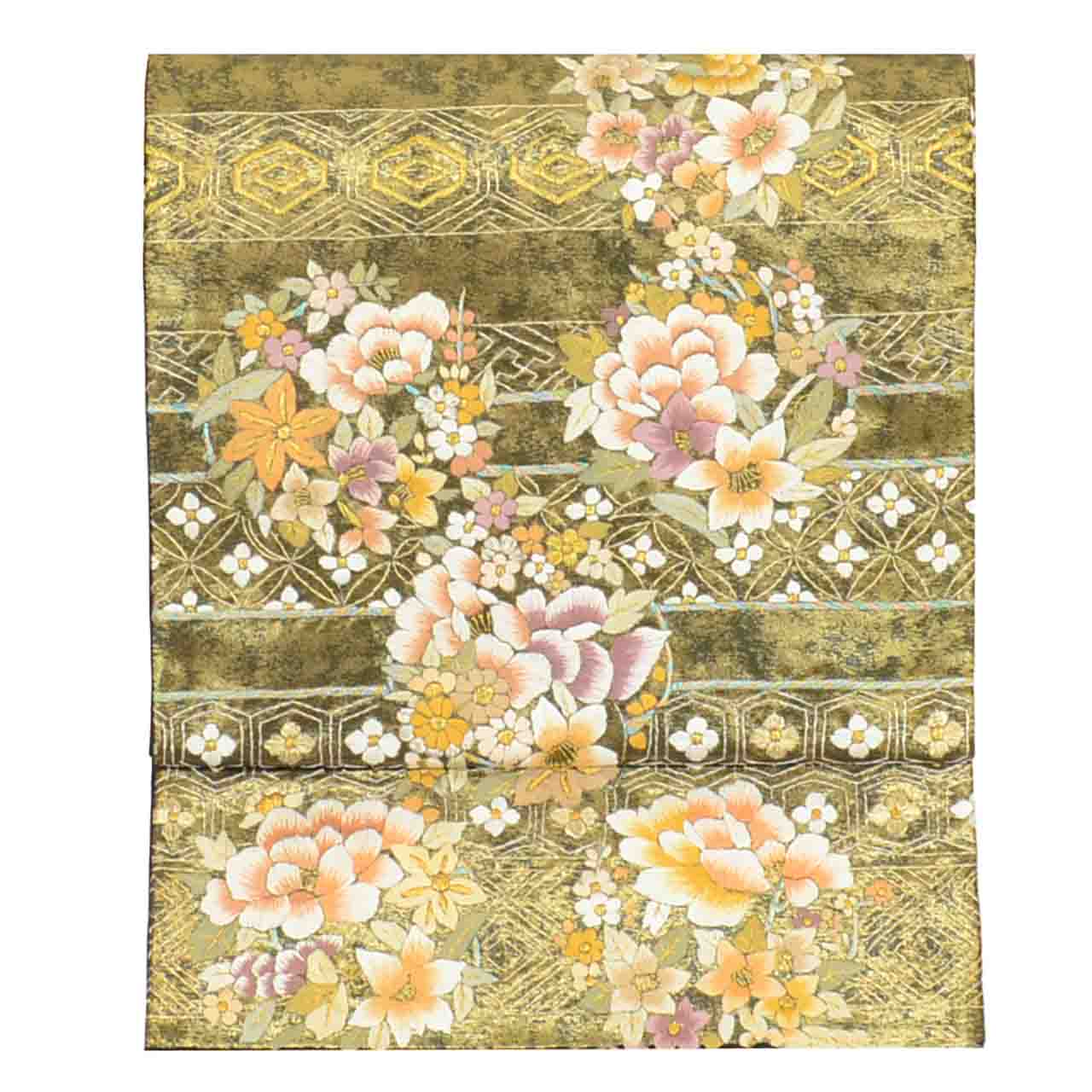 Vintage Japanese Obi | Fukuro Obi | Black Gold Silk | Flower Circle Pattern | Hikihaku Embroidery Gold Thread | Sustainable | uu1396b