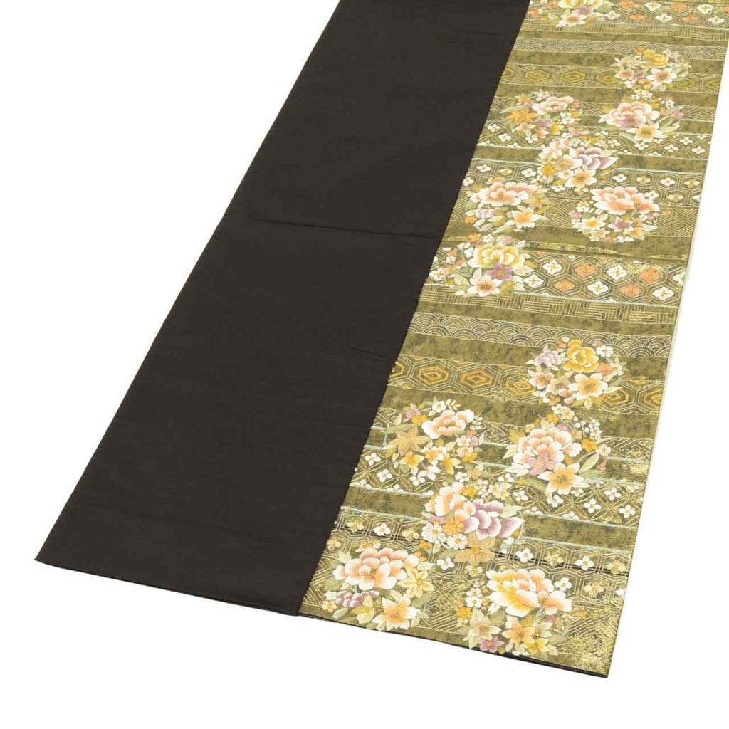 Vintage Japanese Obi | Fukuro Obi | Black Gold Silk | Flower Circle Pattern | Hikihaku Embroidery Gold Thread | Sustainable | uu1396b