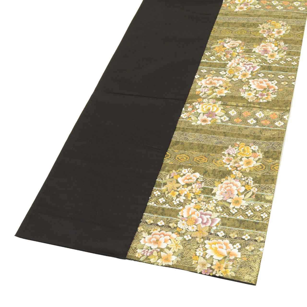 Vintage Japanese Obi | Fukuro Obi | Black Gold Silk | Flower Circle Pattern | Hikihaku Embroidery Gold Thread | Sustainable | uu1396b