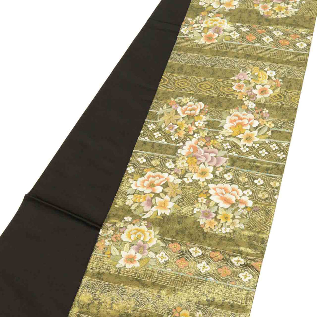 Vintage Japanese Obi | Fukuro Obi | Black Gold Silk | Flower Circle Pattern | Hikihaku Embroidery Gold Thread | Sustainable | uu1396b