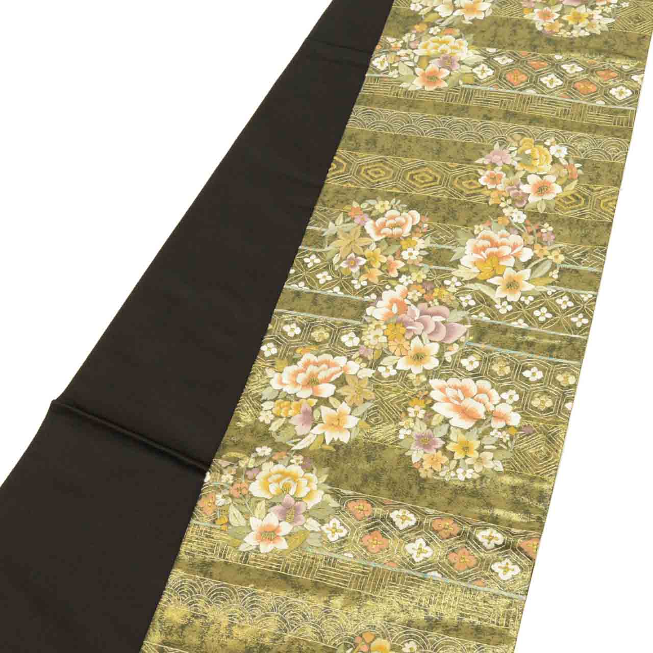 Vintage Japanese Obi | Fukuro Obi | Black Gold Silk | Flower Circle Pattern | Hikihaku Embroidery Gold Thread | Sustainable | uu1396b
