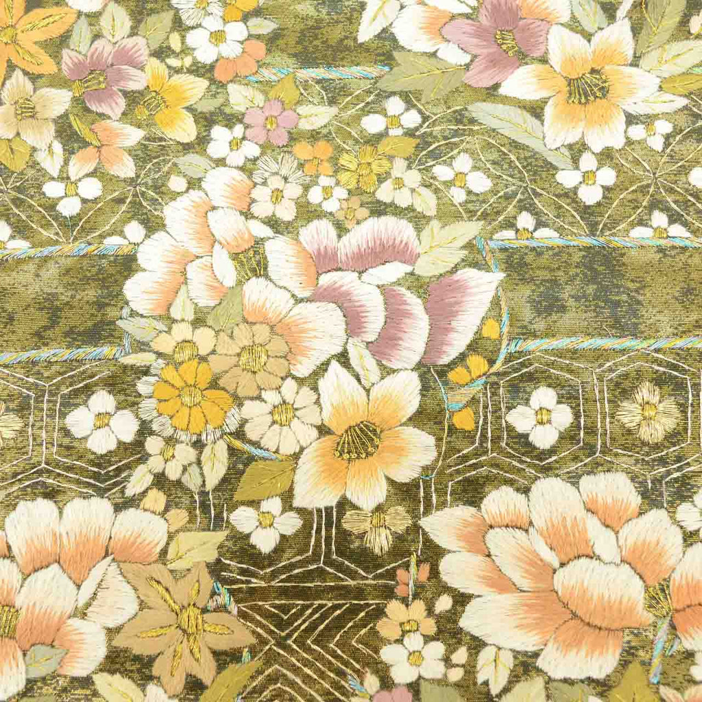 Vintage Japanese Obi | Fukuro Obi | Black Gold Silk | Flower Circle Pattern | Hikihaku Embroidery Gold Thread | Sustainable | uu1396b