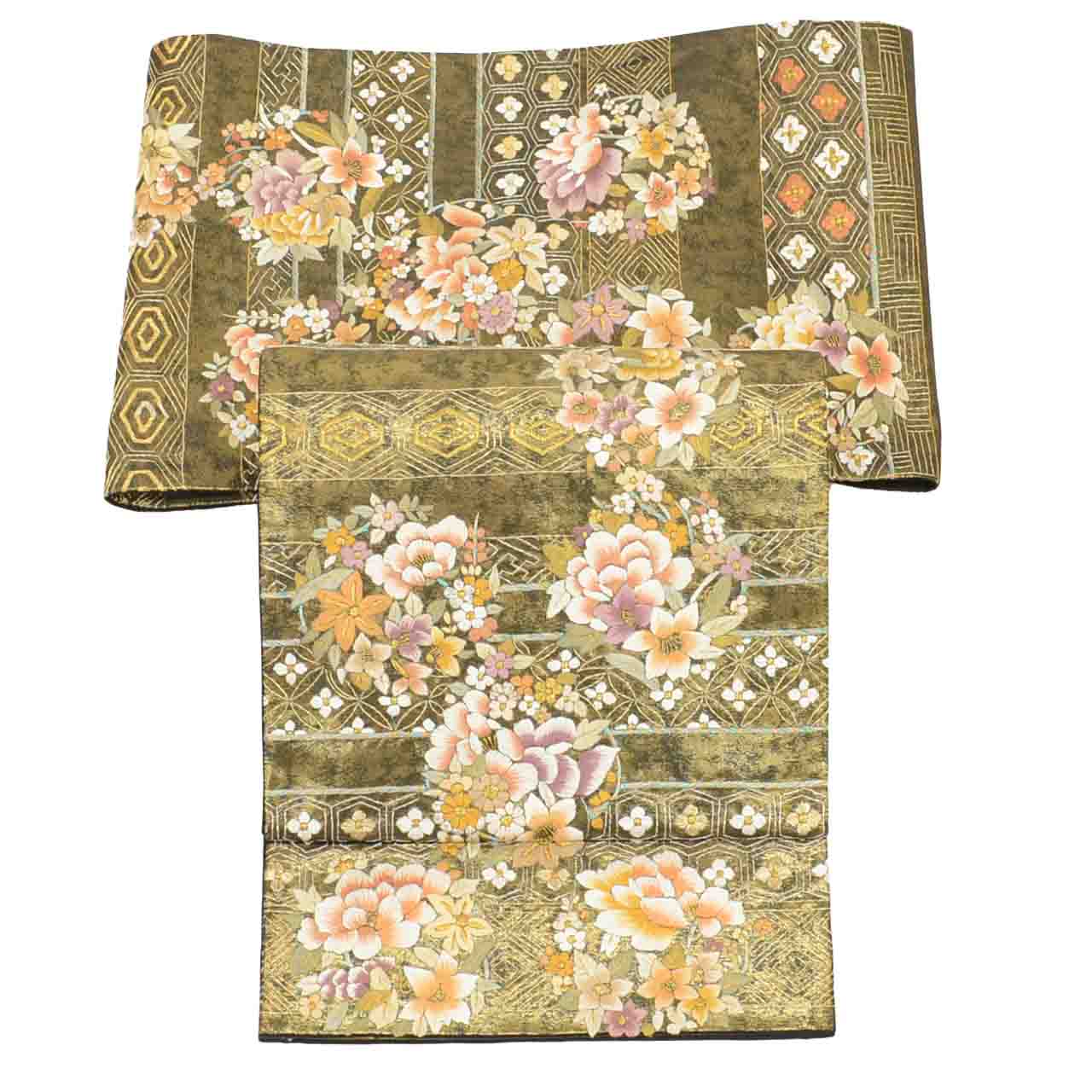 Vintage Japanese Obi | Fukuro Obi | Black Gold Silk | Flower Circle Pattern | Hikihaku Embroidery Gold Thread | Sustainable | uu1396b