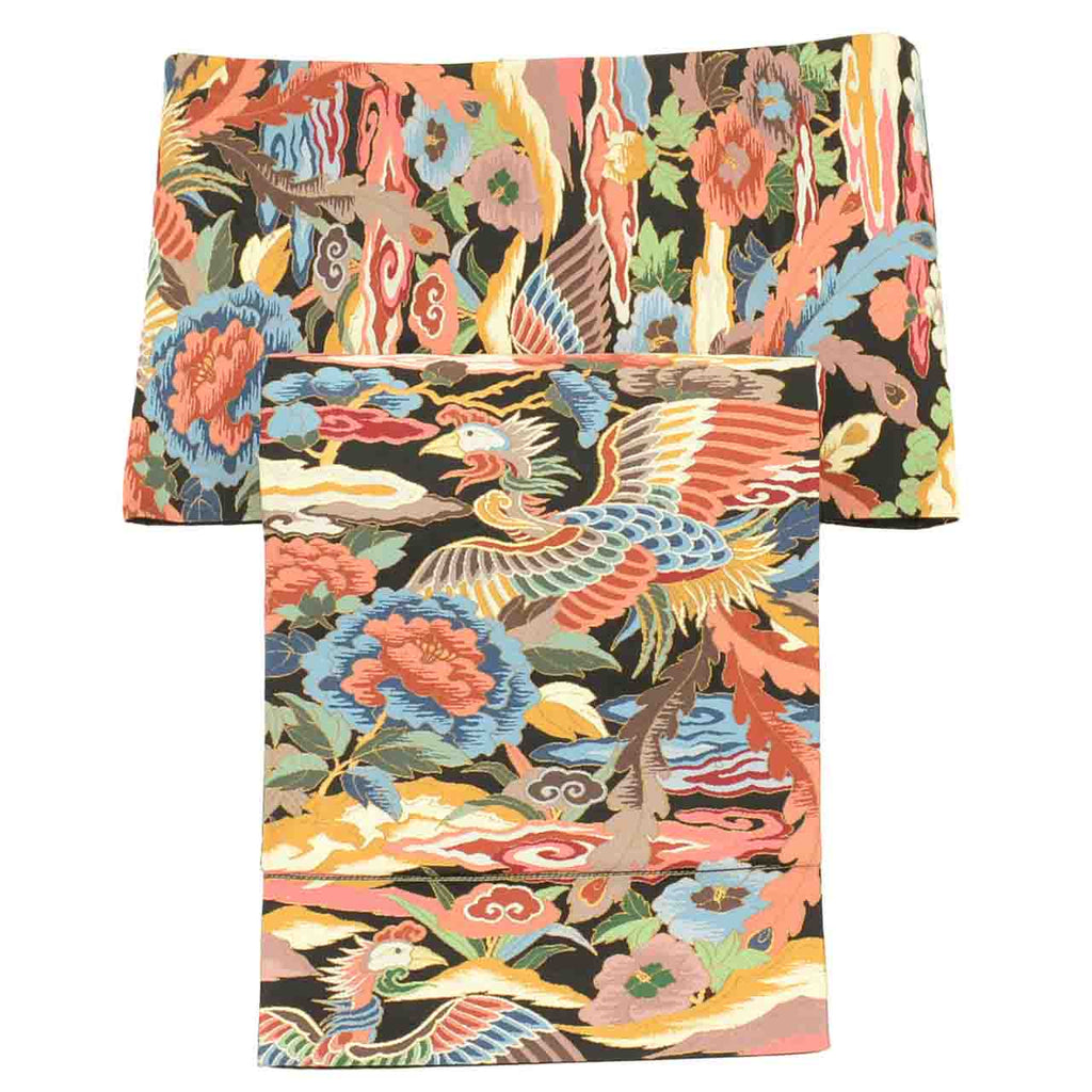 Vintage Japanese Obi | Sha-re Fukuro Obi | Black Silk | Phoenix Floral | Nishijin | Embroidery Gold Thread | Sustainable | uu1398b