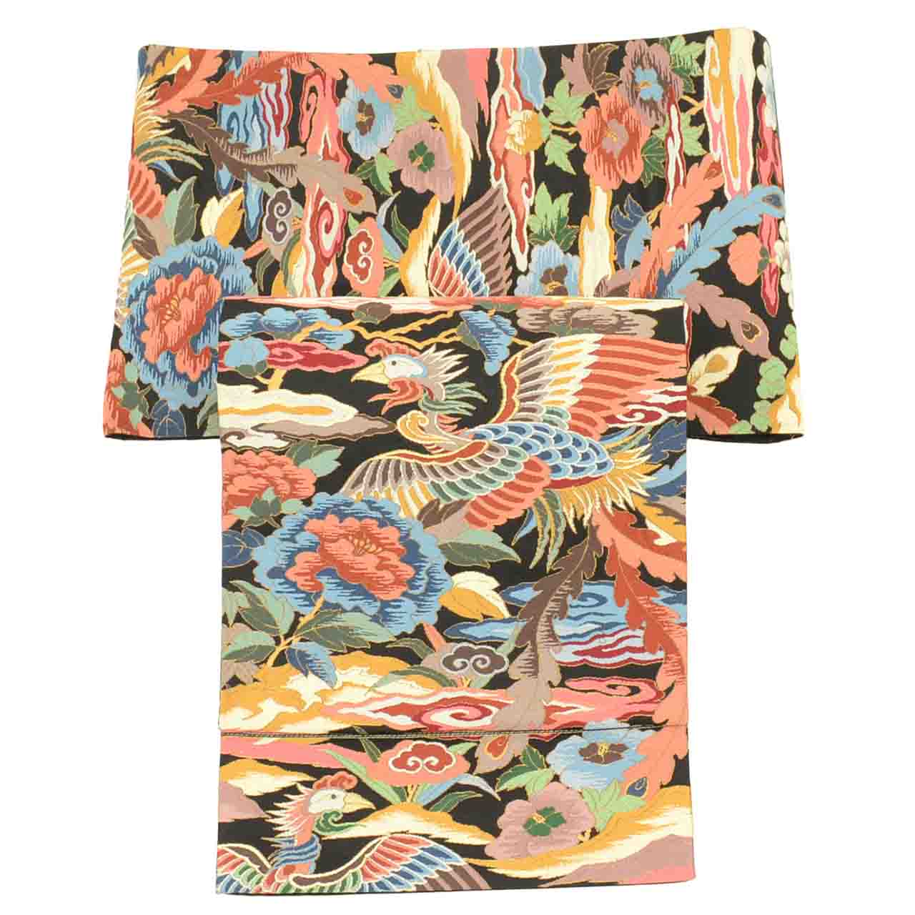 Vintage Japanese Obi | Sha-re Fukuro Obi | Black Silk | Phoenix Floral | Nishijin | Embroidery Gold Thread | Sustainable | uu1398b