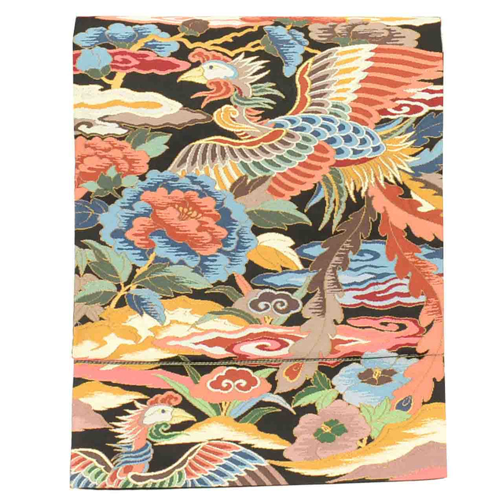 Vintage Japanese Obi | Sha-re Fukuro Obi | Black Silk | Phoenix Floral | Nishijin | Embroidery Gold Thread | Sustainable | uu1398b