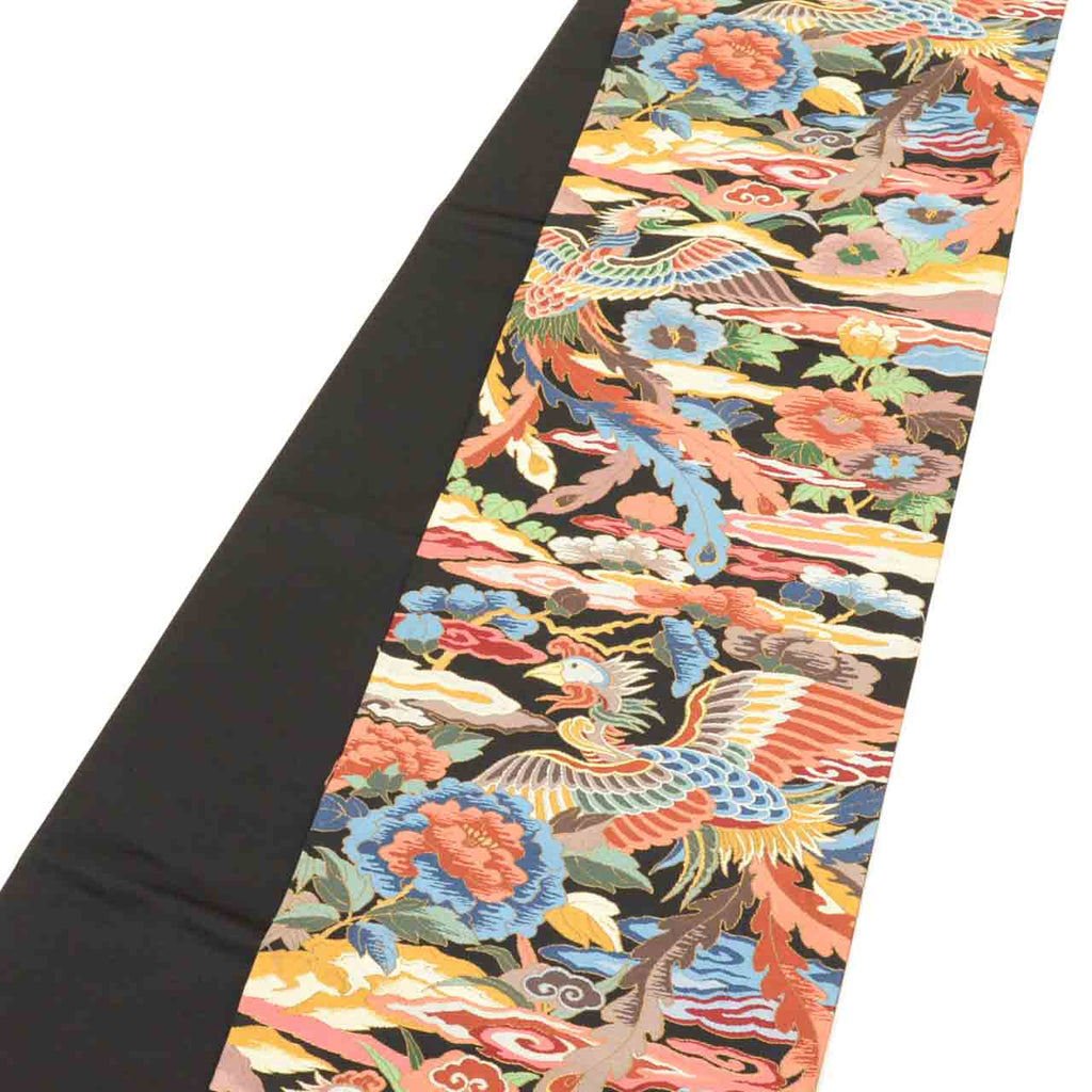 Vintage Japanese Obi | Sha-re Fukuro Obi | Black Silk | Phoenix Floral | Nishijin | Embroidery Gold Thread | Sustainable | uu1398b