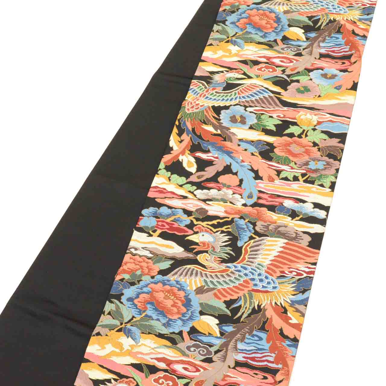 Vintage Japanese Obi | Sha-re Fukuro Obi | Black Silk | Phoenix Floral | Nishijin | Embroidery Gold Thread | Sustainable | uu1398b