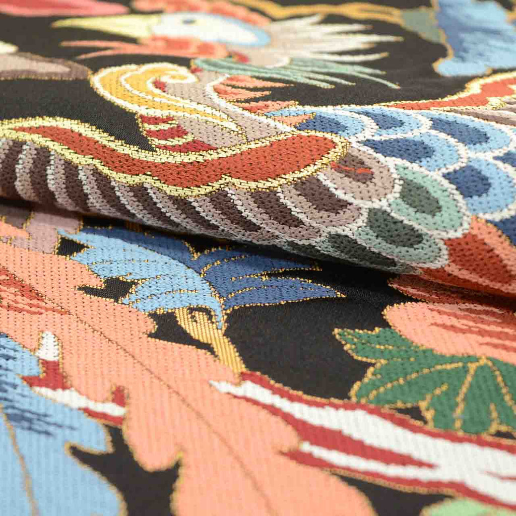 Vintage Japanese Obi | Sha-re Fukuro Obi | Black Silk | Phoenix Floral | Nishijin | Embroidery Gold Thread | Sustainable | uu1398b