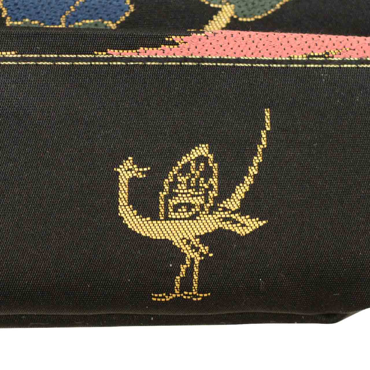Vintage Japanese Obi | Sha-re Fukuro Obi | Black Silk | Phoenix Floral | Nishijin | Embroidery Gold Thread | Sustainable | uu1398b