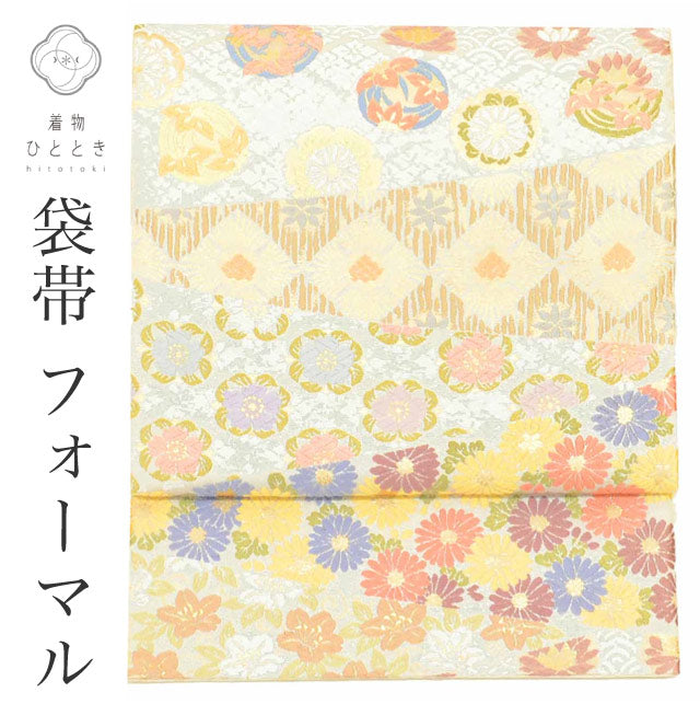 【中古】 袋帯 正絹 リサイクル袋帯 仕立て上がり グレー色系 花文様 六通柄 唐織 刺繍 金糸 uu1400b