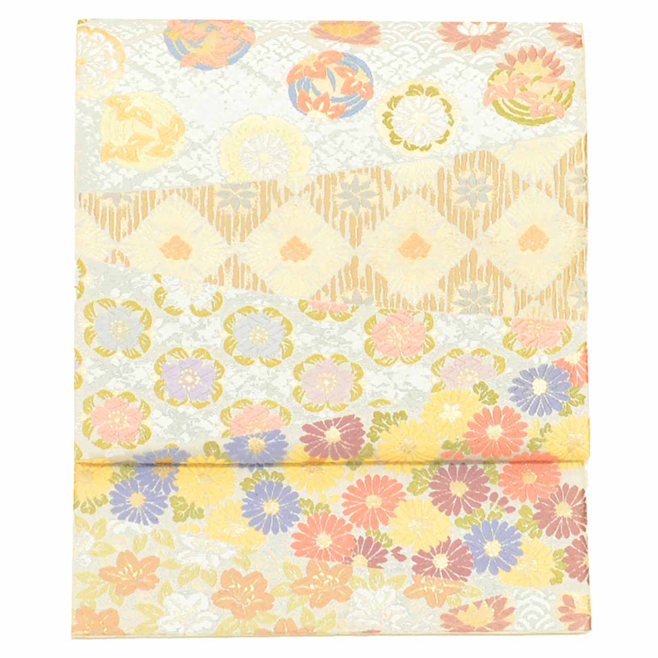 Vintage Japanese Obi | Fukuro Obi | Gray Silk | Diamond Floral | Kara-ori Embroidery Gold Thread | Sustainable | uu1400b