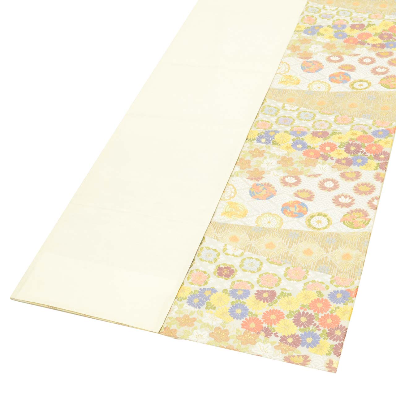 Vintage Japanese Obi | Fukuro Obi | Gray Silk | Diamond Floral | Kara-ori Embroidery Gold Thread | Sustainable | uu1400b