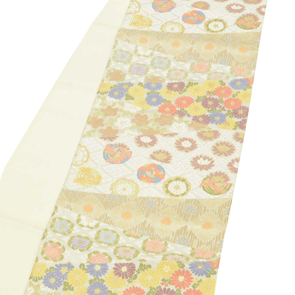 Vintage Japanese Obi | Fukuro Obi | Gray Silk | Diamond Floral | Kara-ori Embroidery Gold Thread | Sustainable | uu1400b